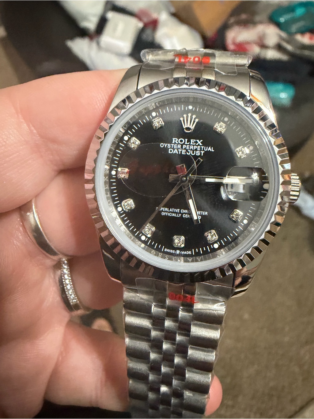 Rolex Datejust Silver Case With Black Dial And Diamond Markers 36mm With Box